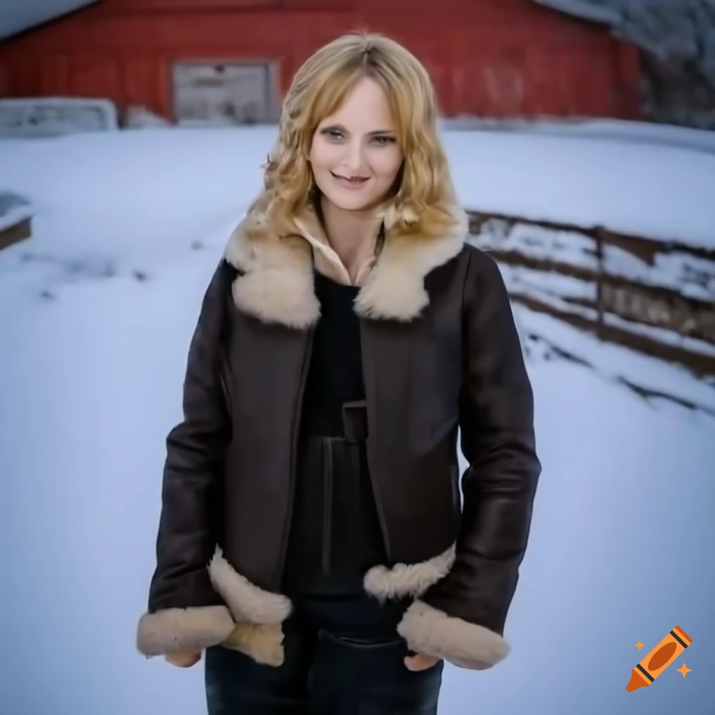 Blonde woman in sheepskin bomber jacket and black leather trousers standing in barn doorway