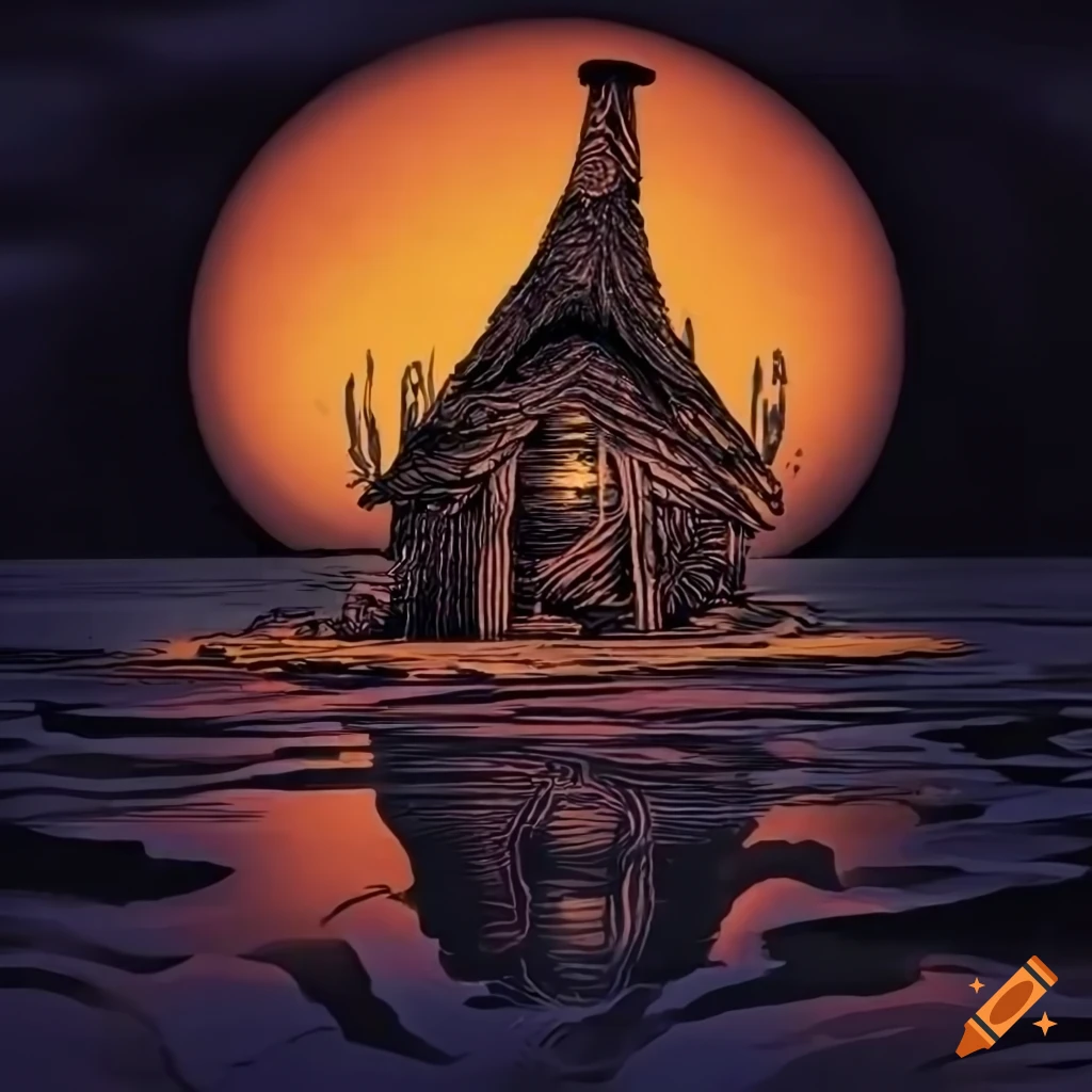 Baba Yaga with her surreal hut on giraffe legs over a lake at dawn