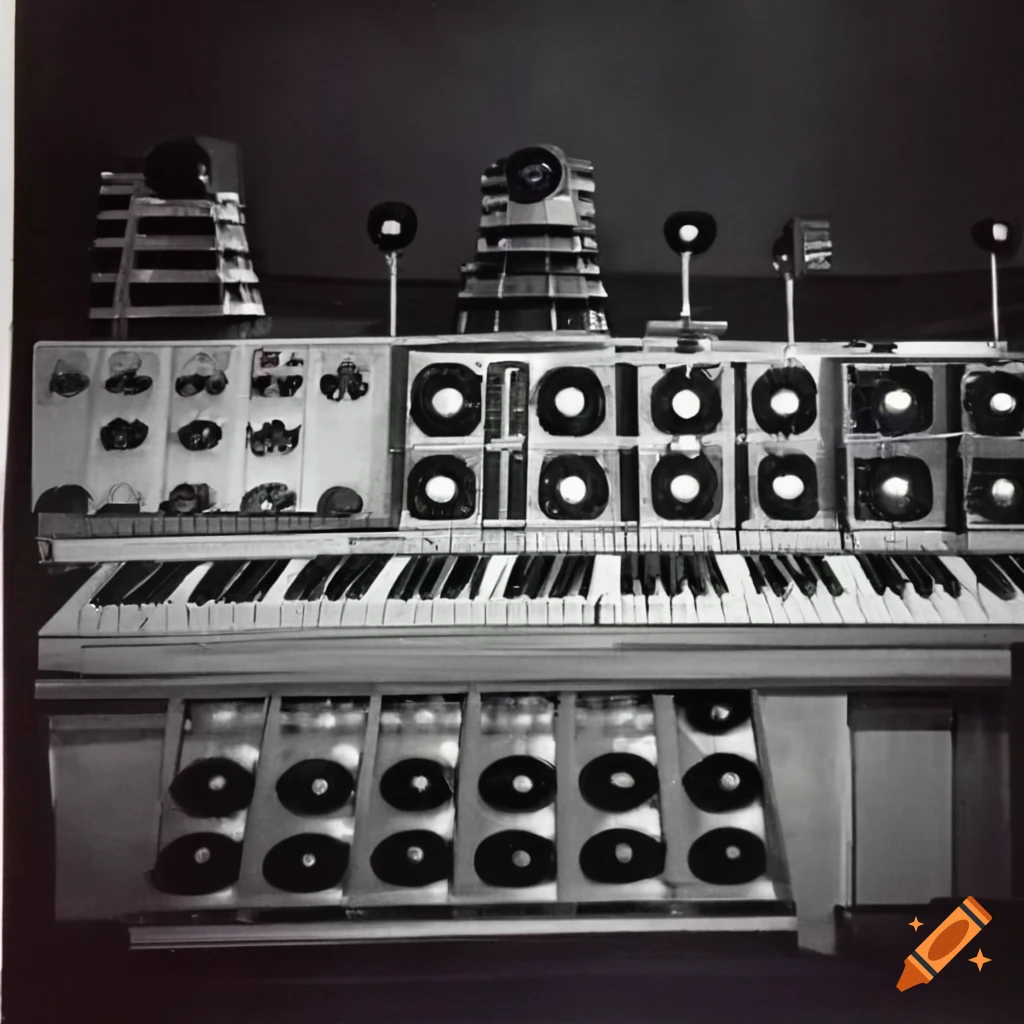 1960's b&w photograph of a dalek surrounded by synthesizers on Craiyon