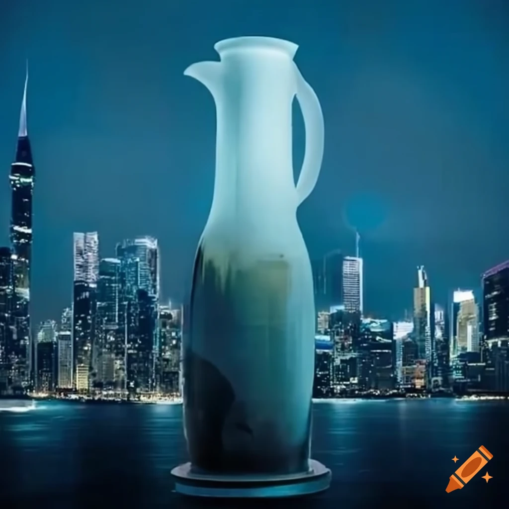 Giant milk jug towering over metropolis skyline on Craiyon