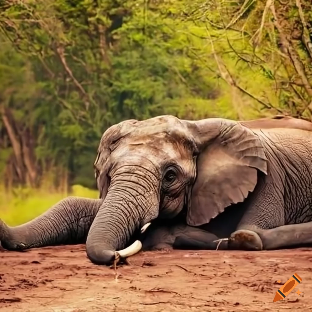 Dead elephant lying on the ground on Craiyon