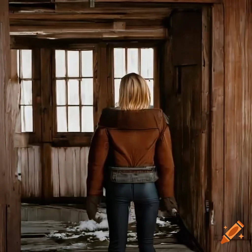 Blonde actress in sheepskin bomber jacket and leather trousers standing in barn doorway