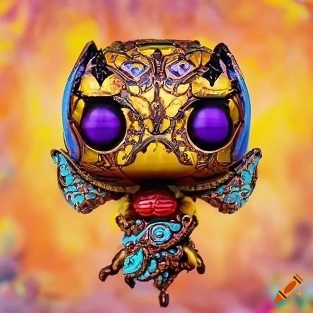 Funko Pop Bee Wasp with copper metal platted gem stones wings on tribal carved background
