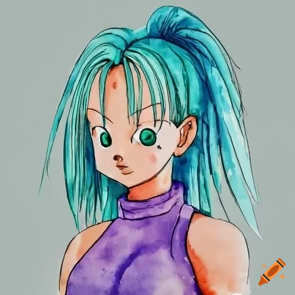 Character with turquoise hair in purple outfit lying on bed on Craiyon