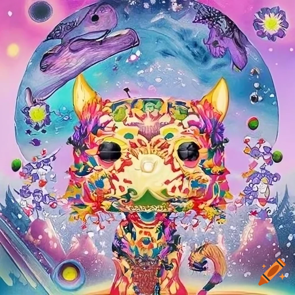 Funko Pop world in colored pencil style with a tribal ancient art landscape and cosmos theme