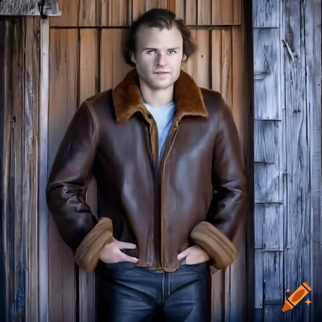 Young man in sheepskin bomber jacket and leather trousers standing in barn doorway