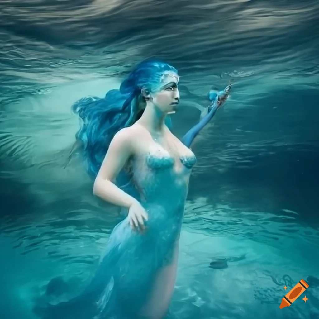 Mythological scene of a nymph swimming with Poseidon observing