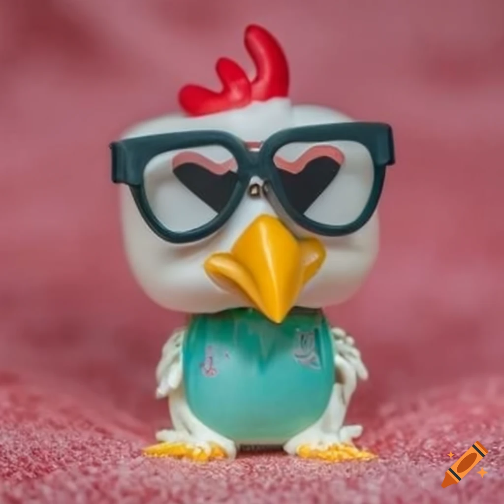 Funko pop of a chicken with heart glasses on Craiyon
