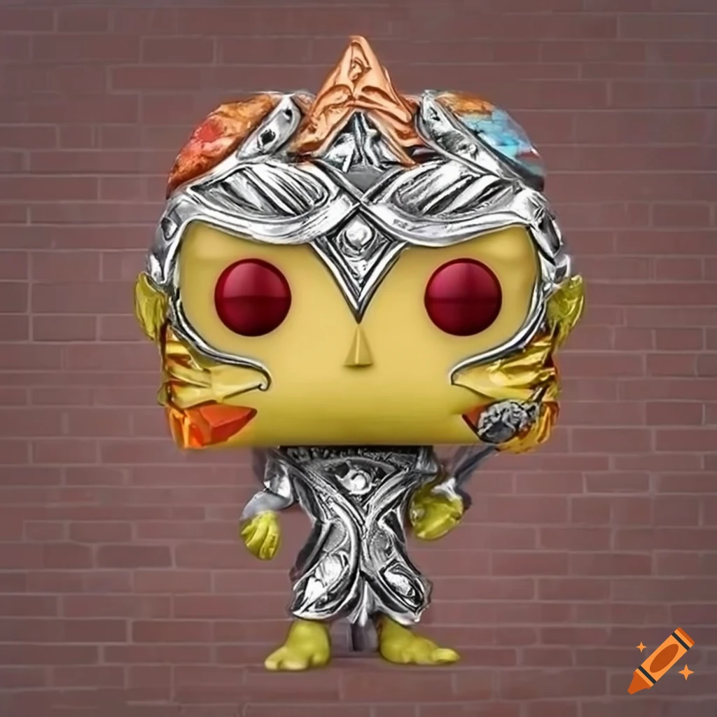Funko Pop world with metallic colors and tribal elements on terracotta bricks background