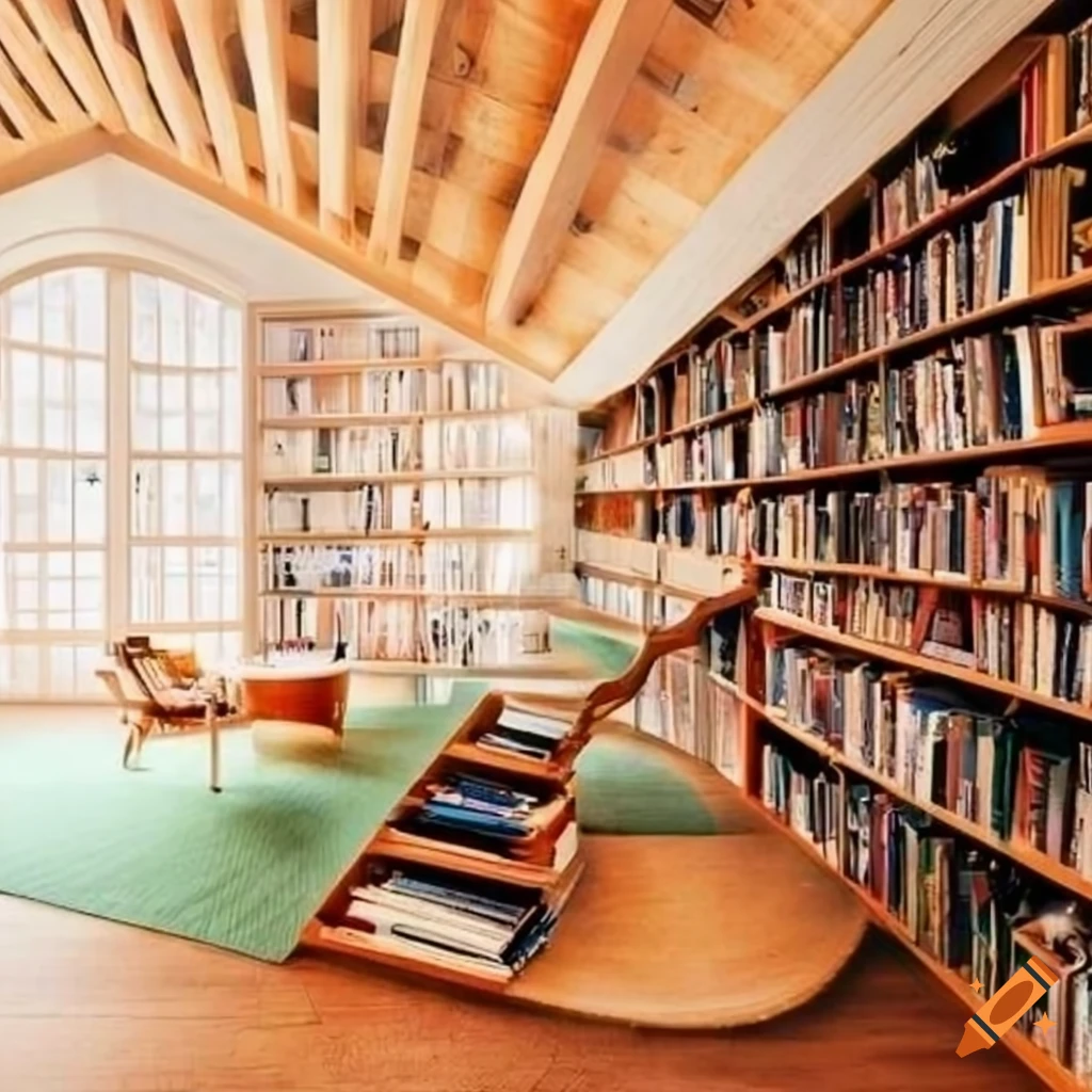 Unique design of a cozy neighborhood library with reading nooks and bookshelves