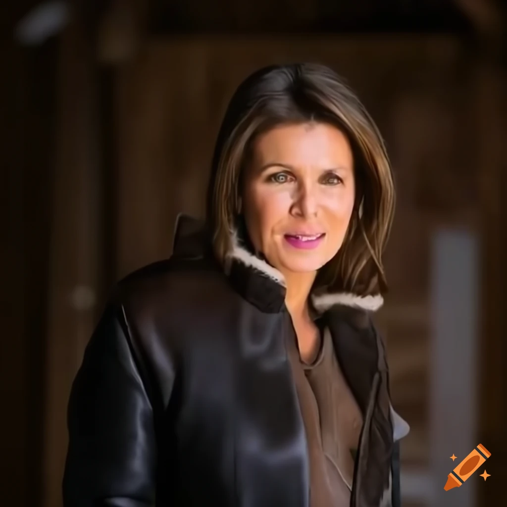 Young woman in brown sheepskin bomber jacket and black leather trousers standing in barn doorway