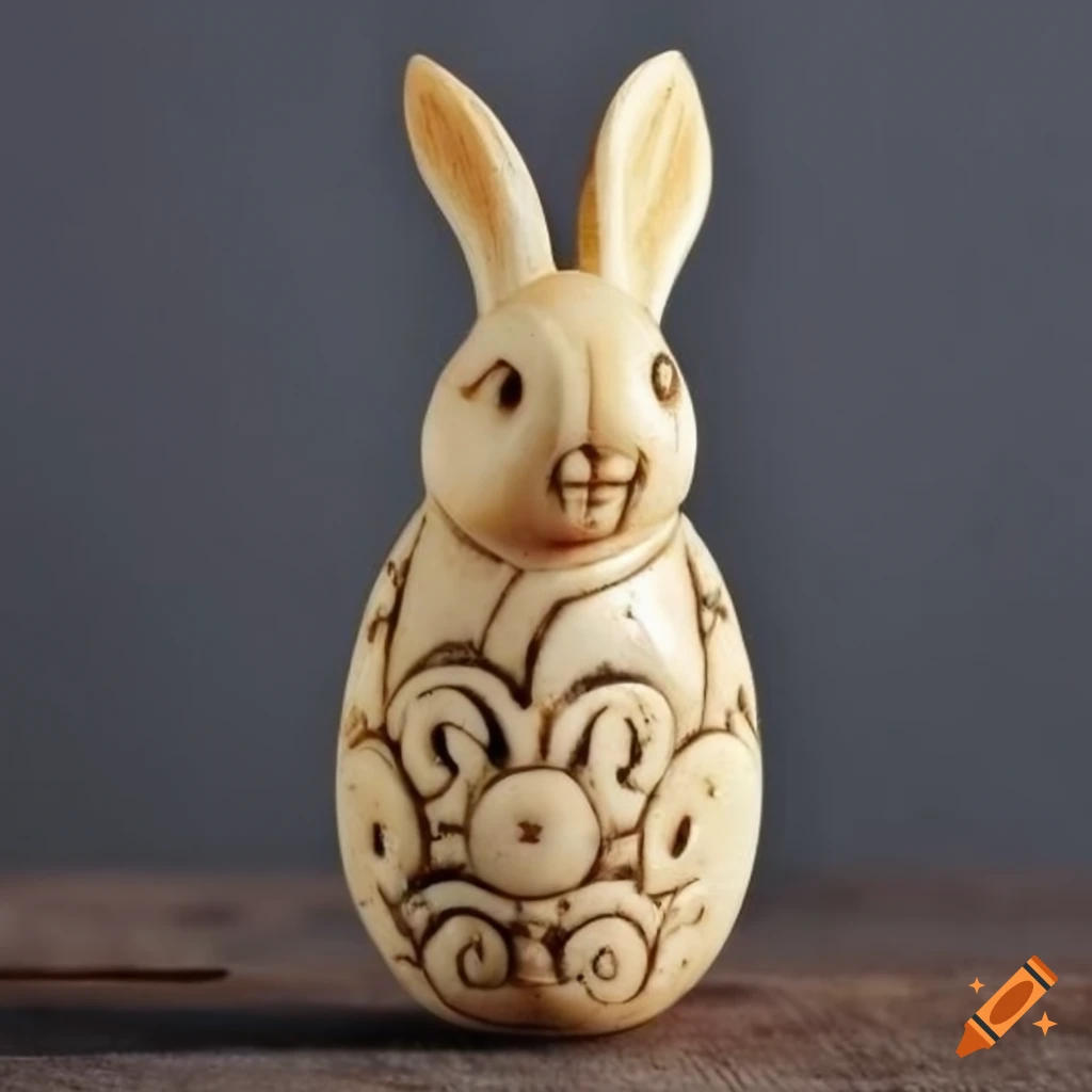 Primitive art ivory carved rabbit with wooden eggs on Craiyon