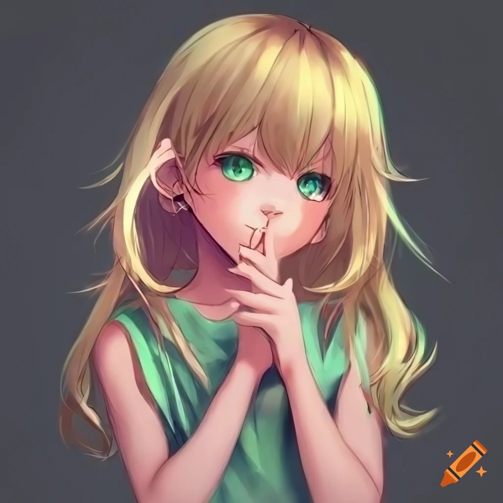 Anime girl with blonde hair and green eyes in a pink sleeveless t-shirt
