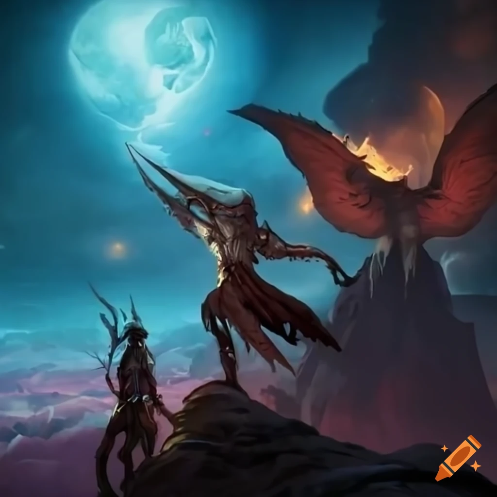 Legendary creatures climbing towards heaven in an epic composition