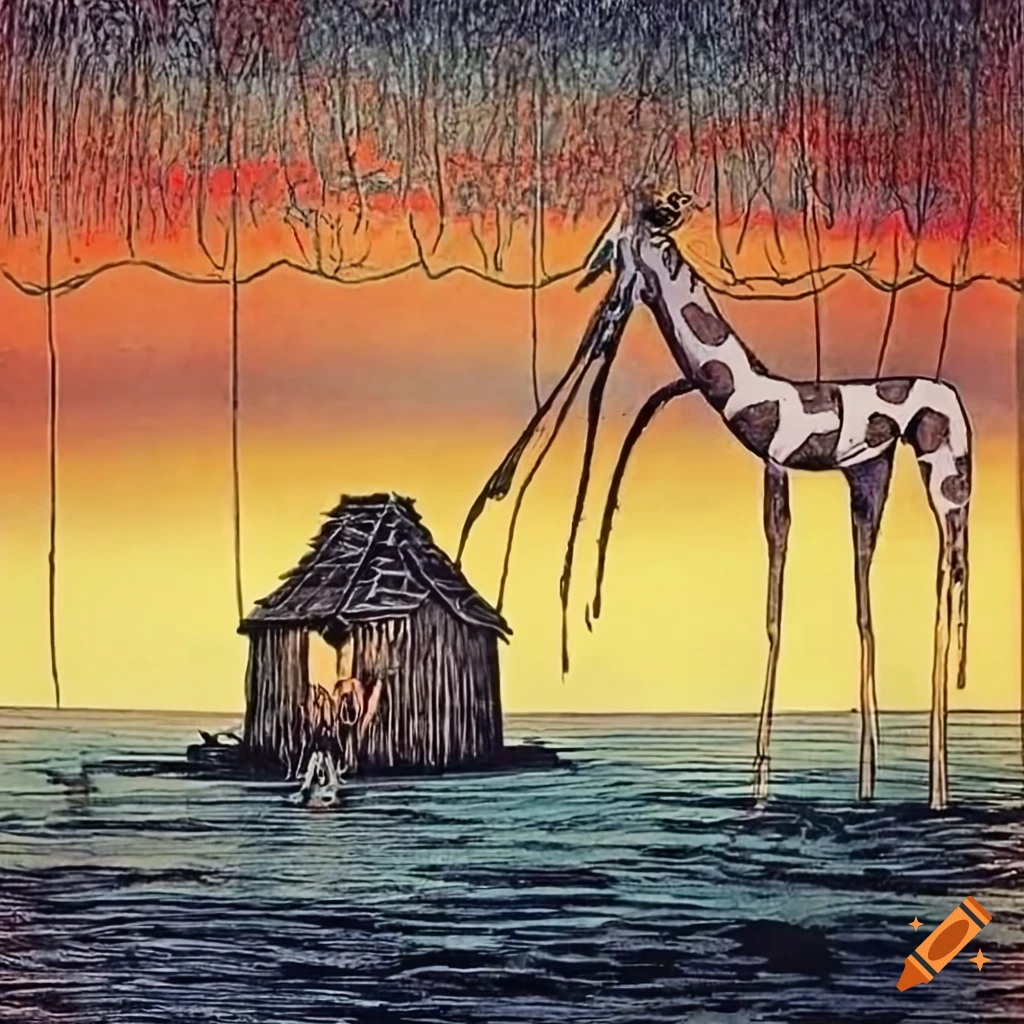 Baba Yaga's surreal hut with giraffe legs over a lake at dawn, Charley Harper illustration