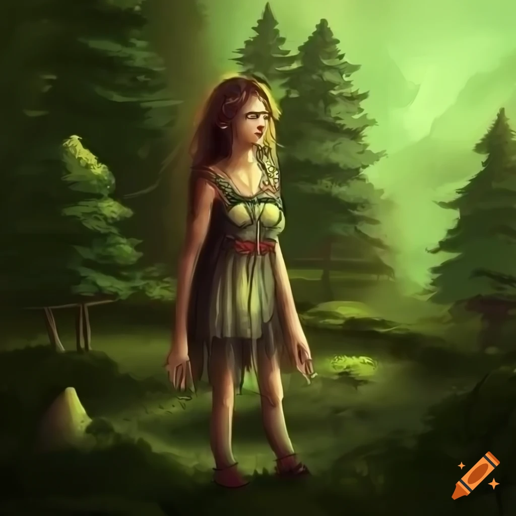 Giant girl surrounded by tiny trees in a fantasy art style