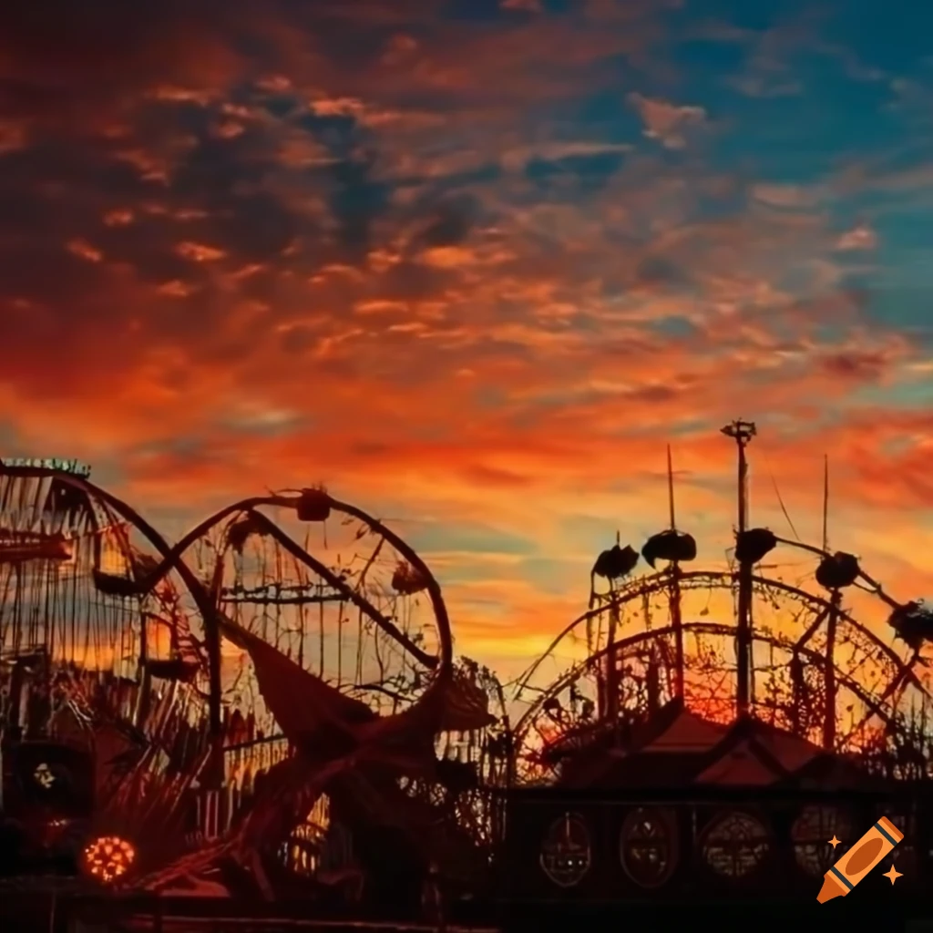 Fairground at sunset in the distance