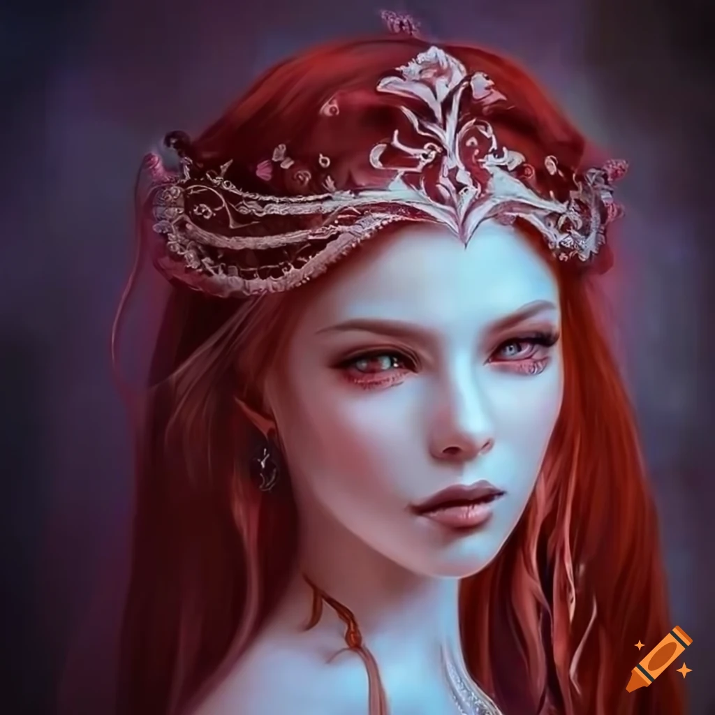 Classical goddess with long red hair, radiant red eyes, and azure skin