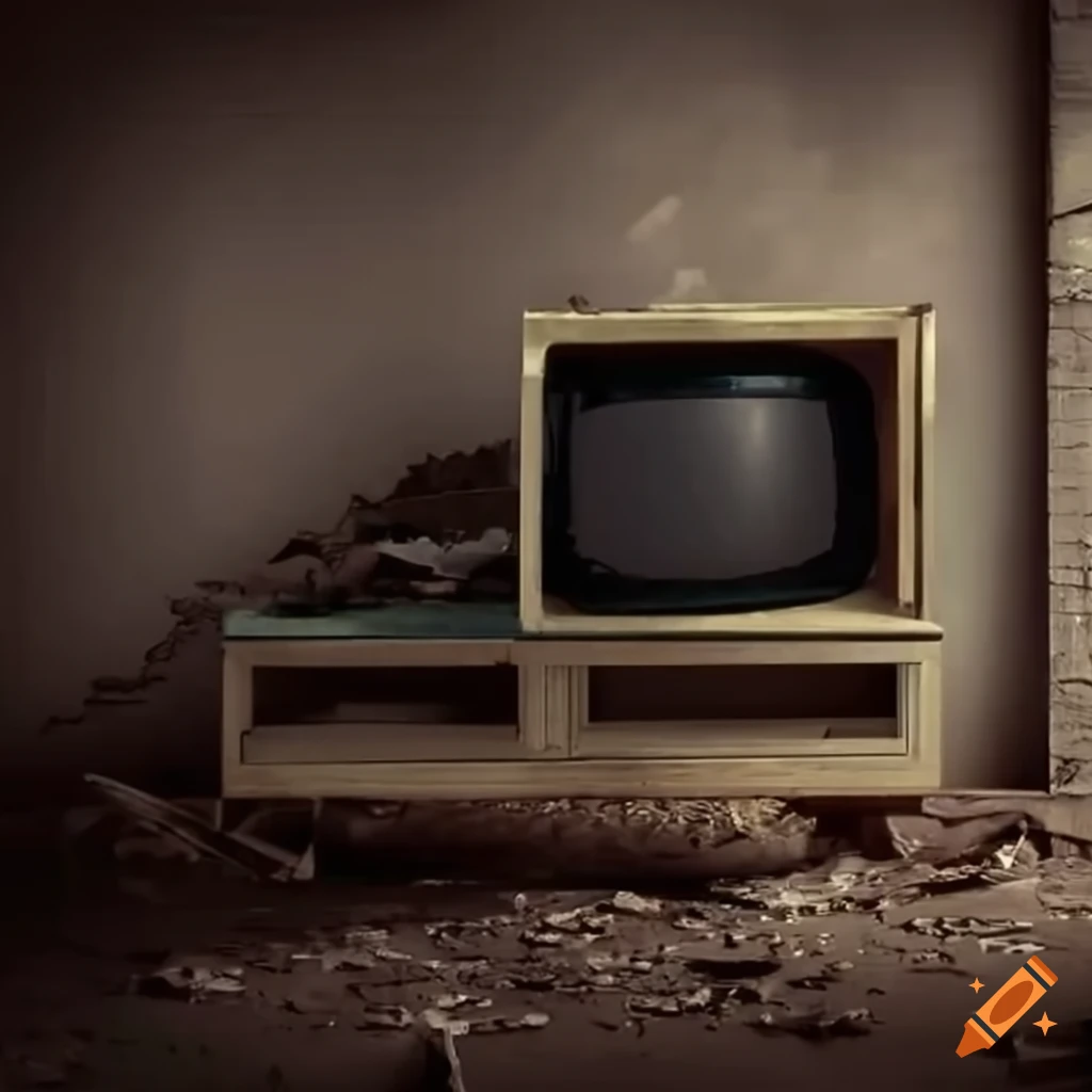 Television table in a ruined house