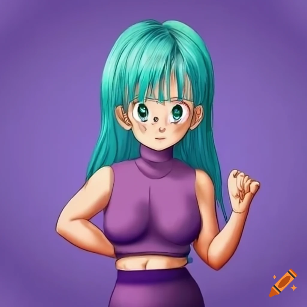 Character with turquoise hair in purple outfit lying on bed on Craiyon