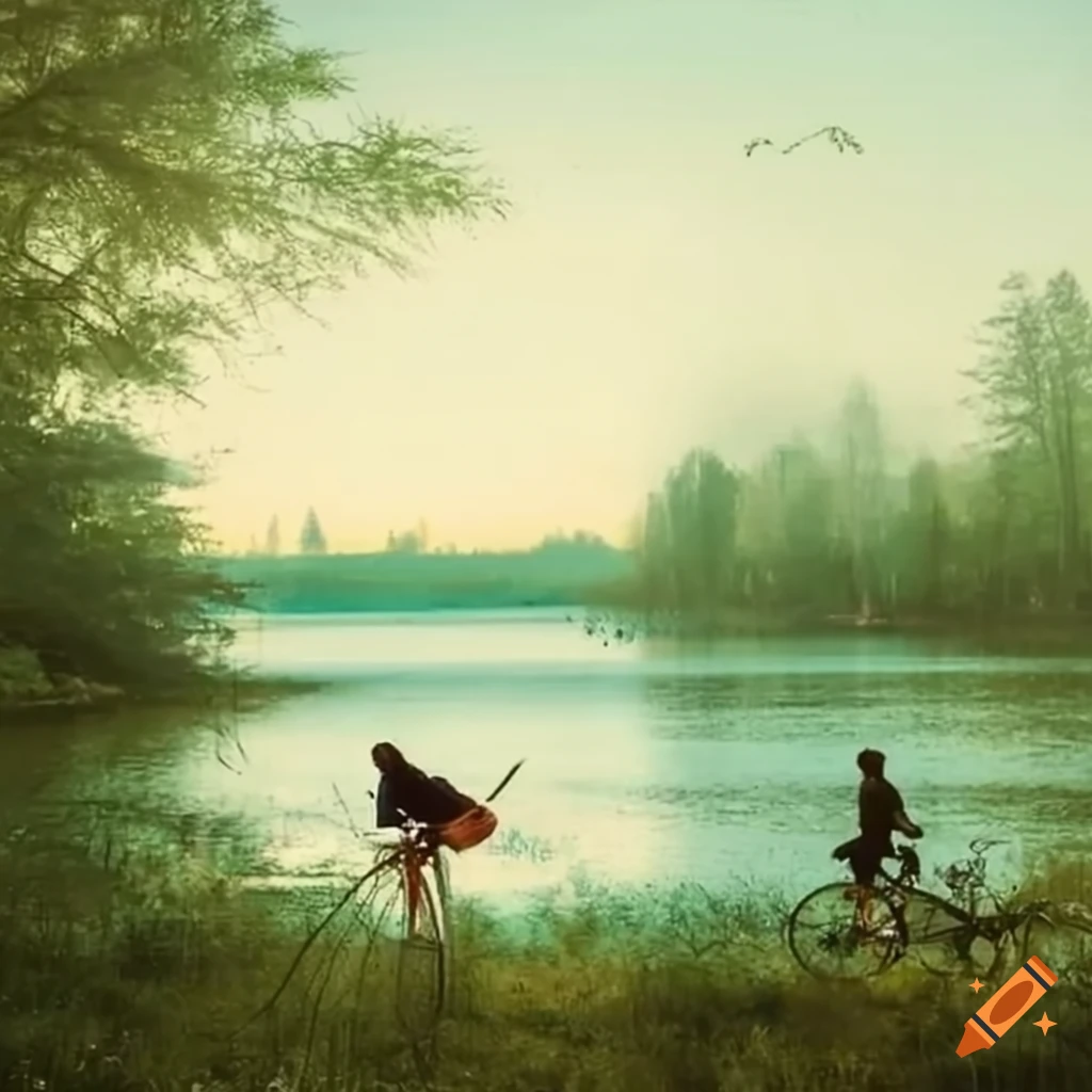 Lake surrounded by weeds with a distant girl and man standing with bikes