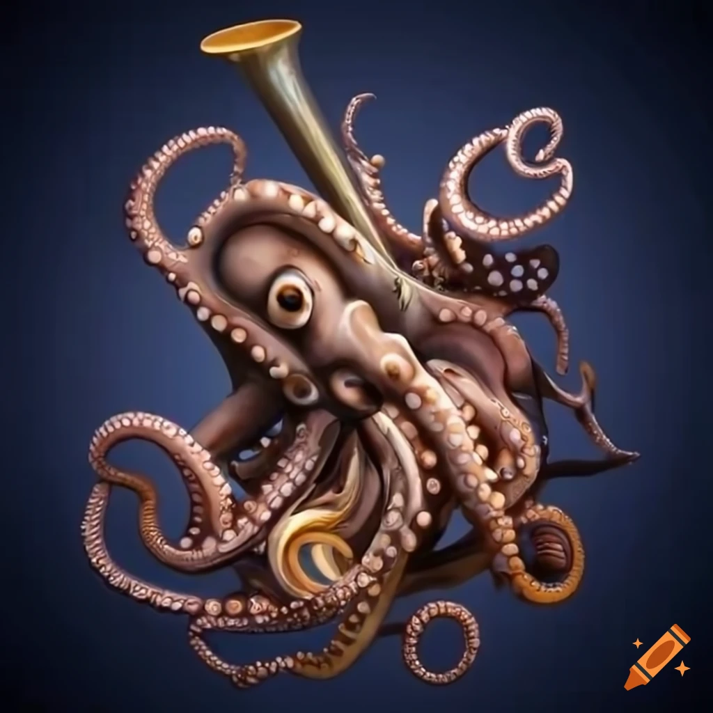 Octopus with zebra stripes playing a brass instrument on Craiyon