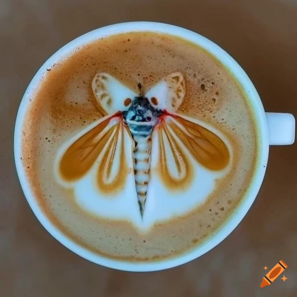 Latte with foam shaped like a cicada from an overhead view
