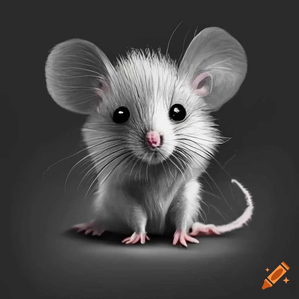 Cute fuzzy mouse squeezing through small brush in grayscale
