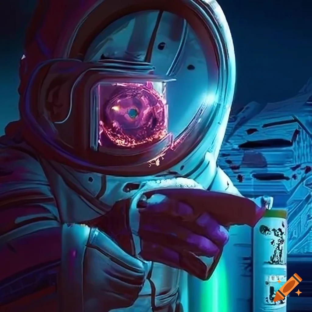 Space station convenience store with new energy drink flavor, neon lights and cashier