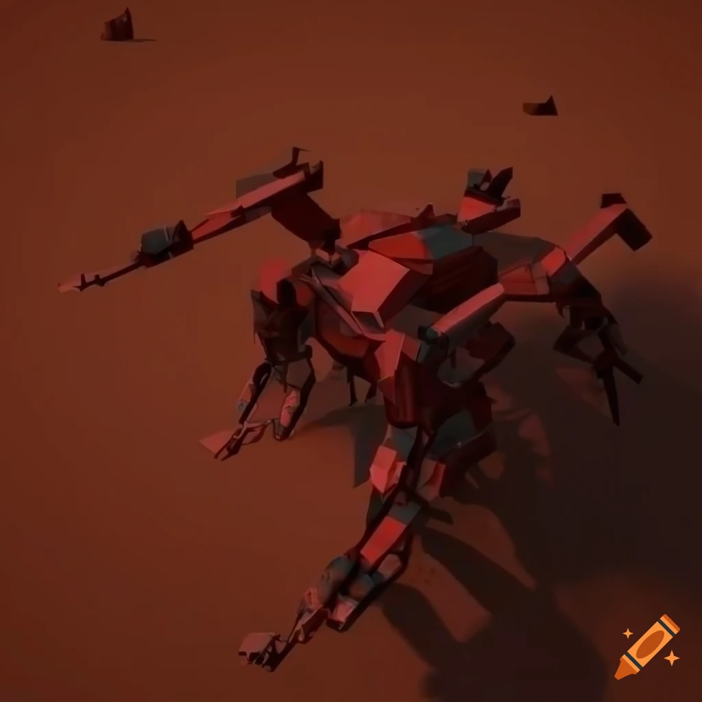 Intricate red and gray mech climbing sandy desert hill in detailed overhead view