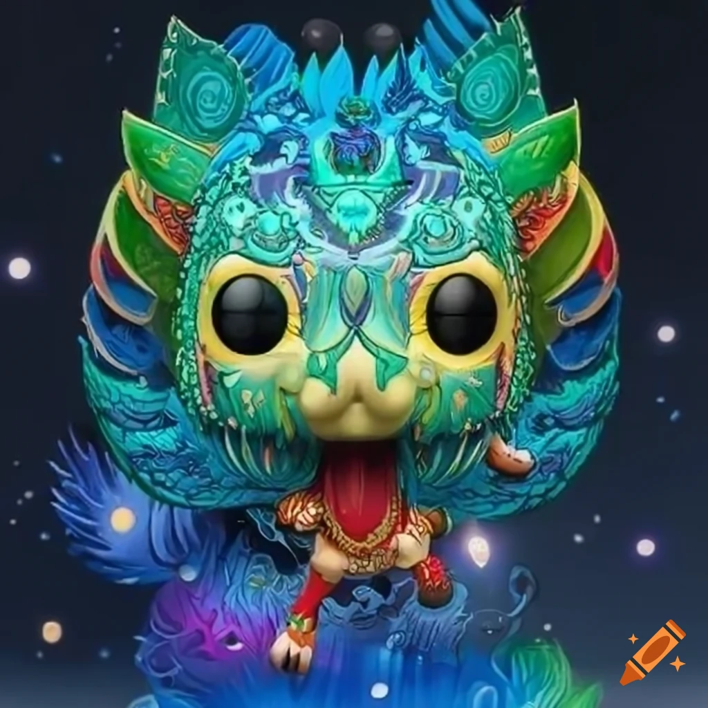 Funko Pop style world with tribal ancient art landscape and cosmos theme