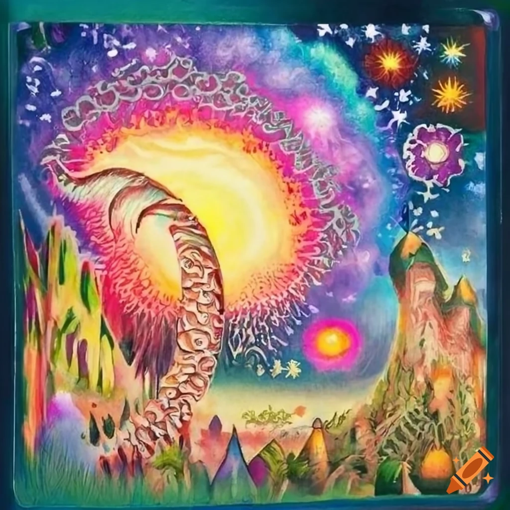 Tribal ancient art landscape cosmos with milky way and animals in colored pencil style