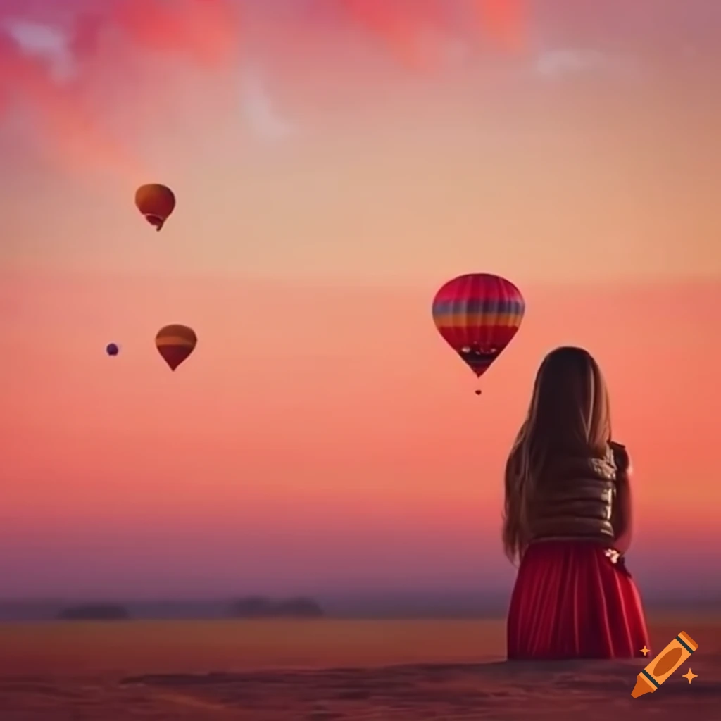 Girl among beautiful scenery with hot air balloons