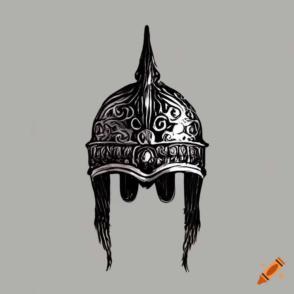 Ancient helmet with metal hawk wings in black and white line art