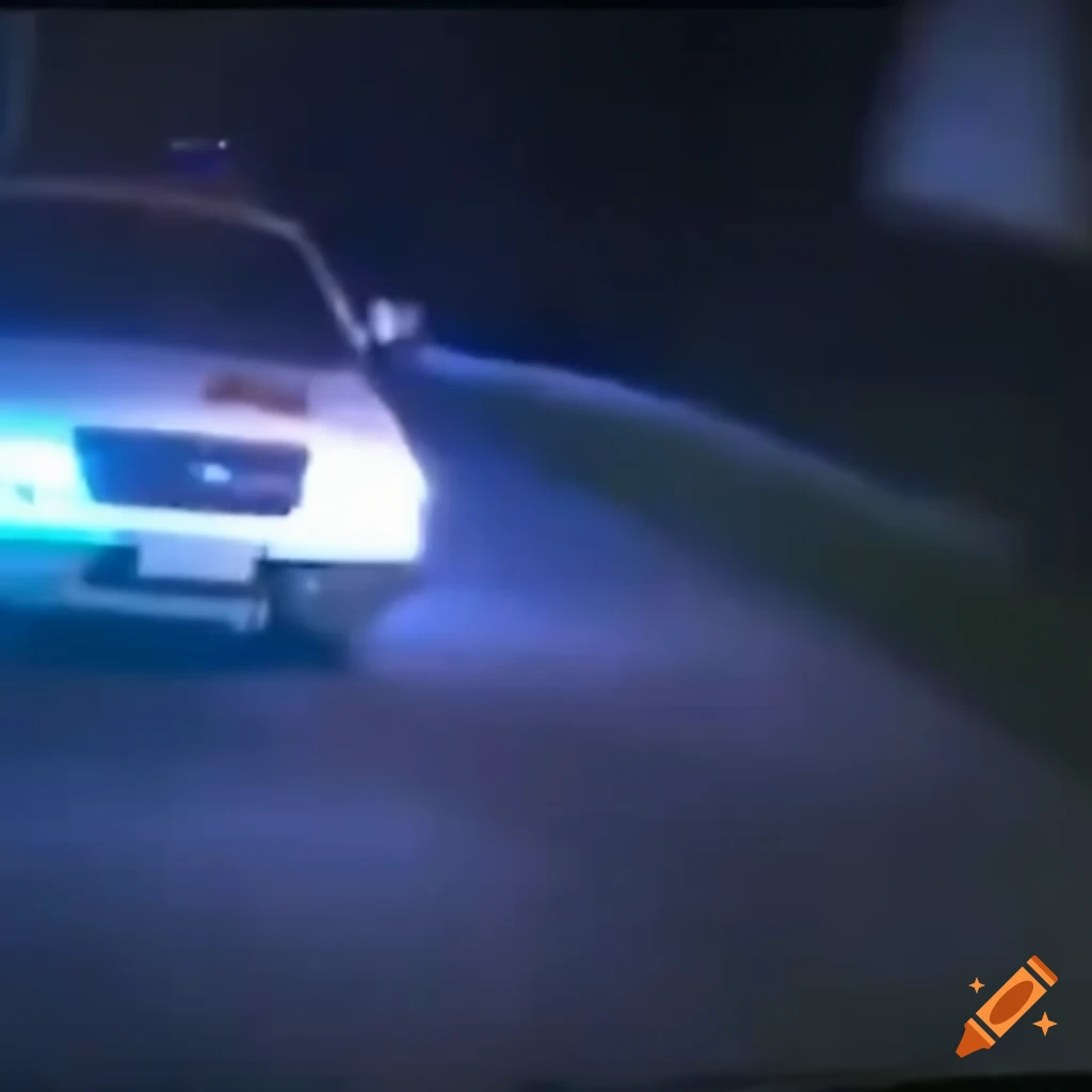 Old police patrol car parked on a deserted street at night