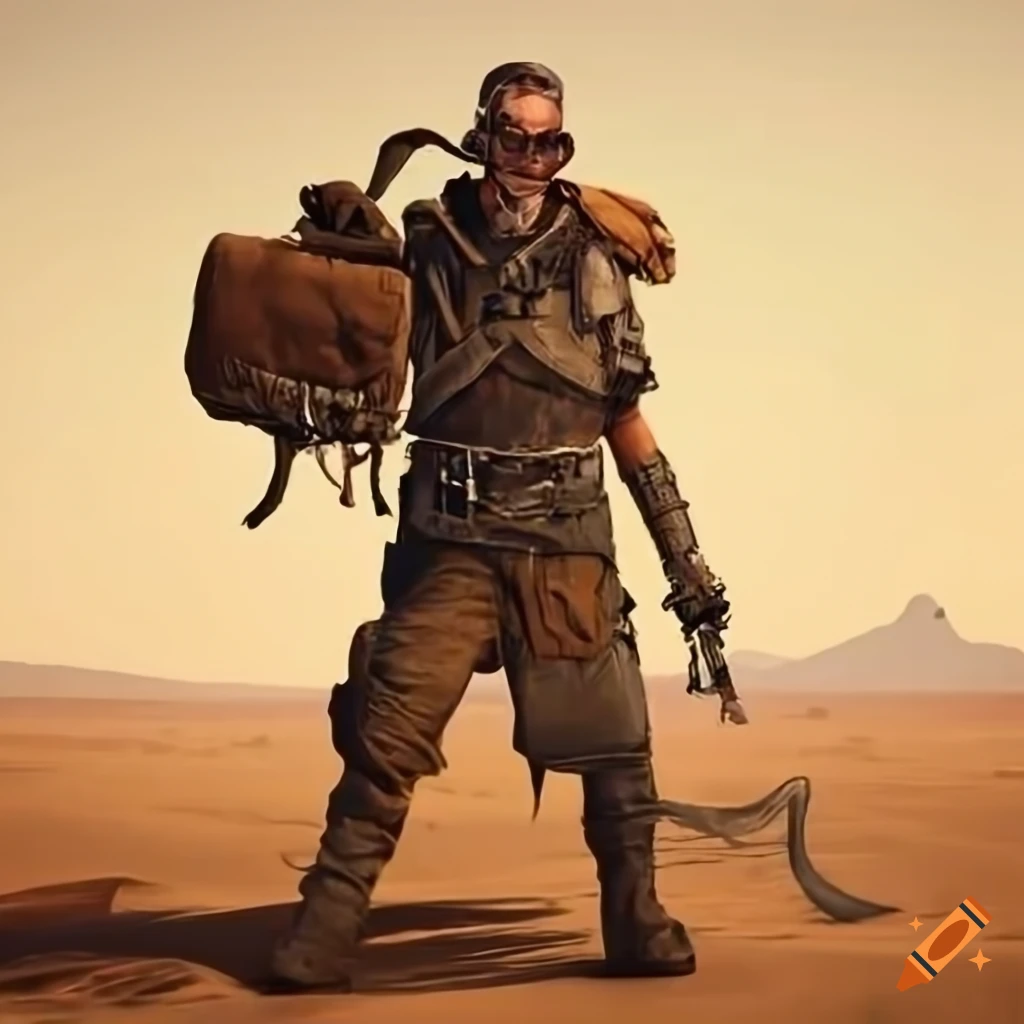 Wastelander with aviator glasses exploring a deserted landscape carrying a t-bag