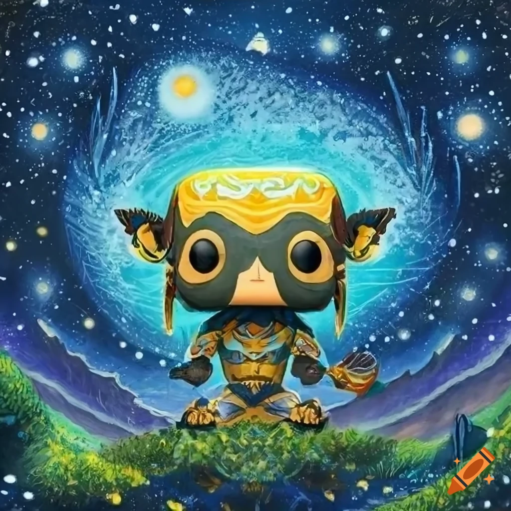 Funko Pop inspired tribal ancient art landscape with milky way and animals