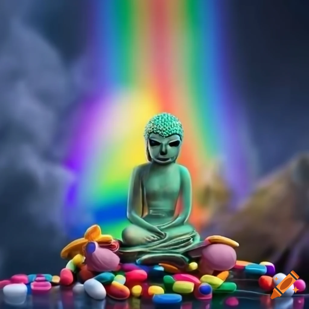 Alien Buddha floating through space with colorful pills and rainbows with a magical rabbit