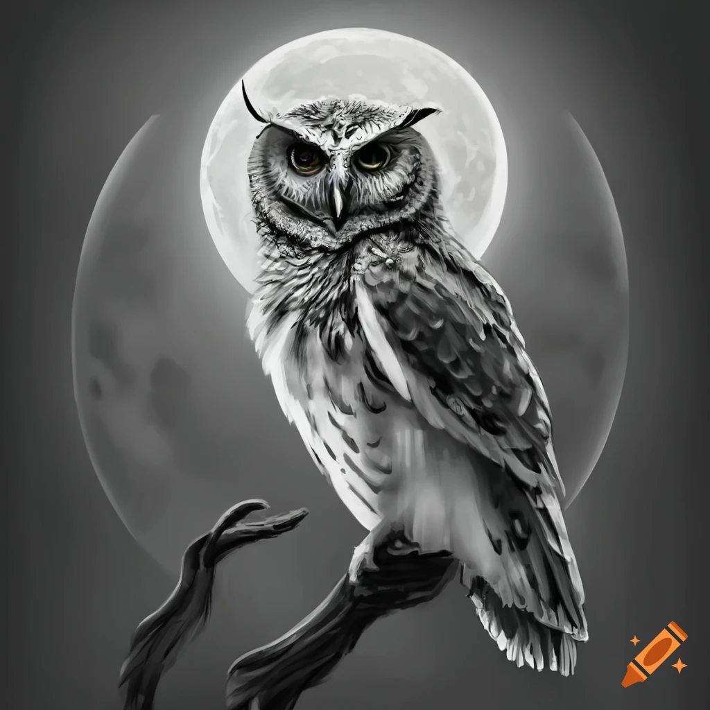 Foreboding owl with glowing moon eyes in grayscale