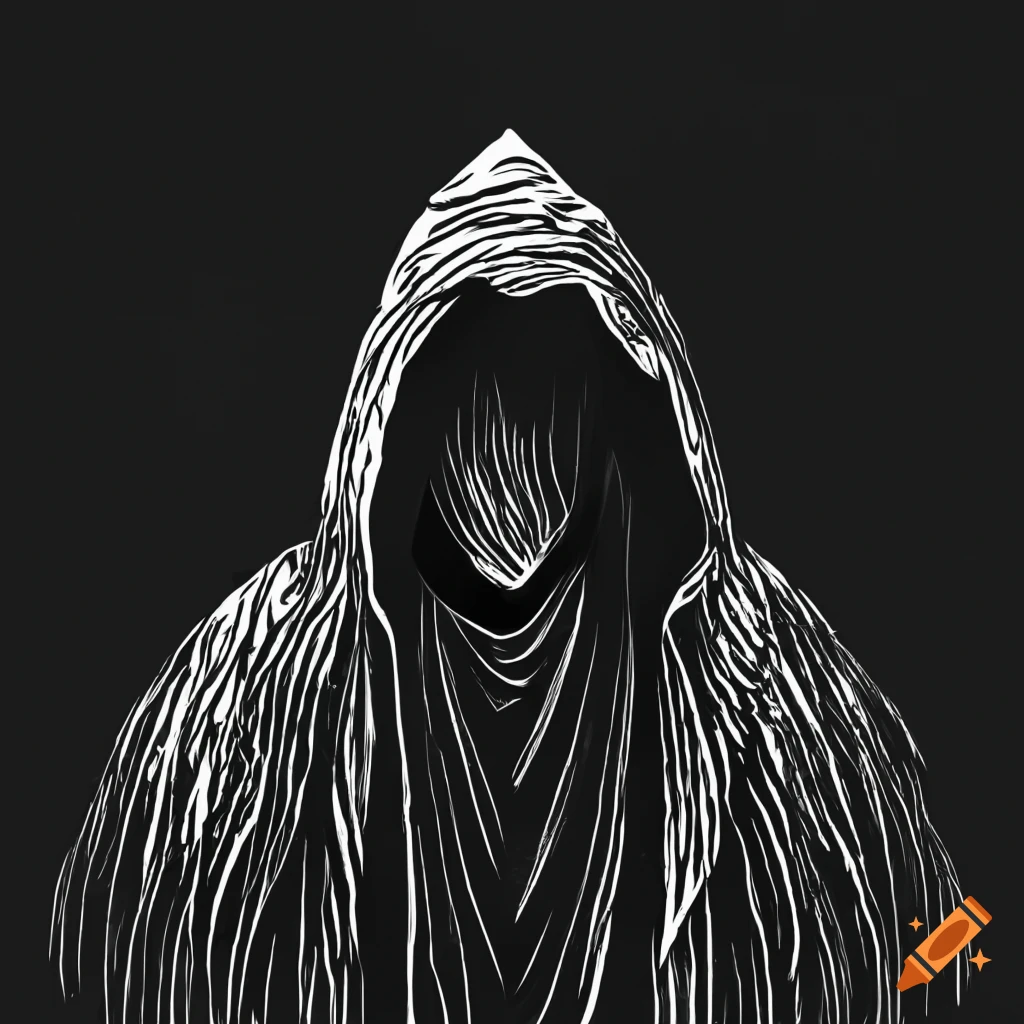 Hooded cloak made of crow feathers in black and white line art