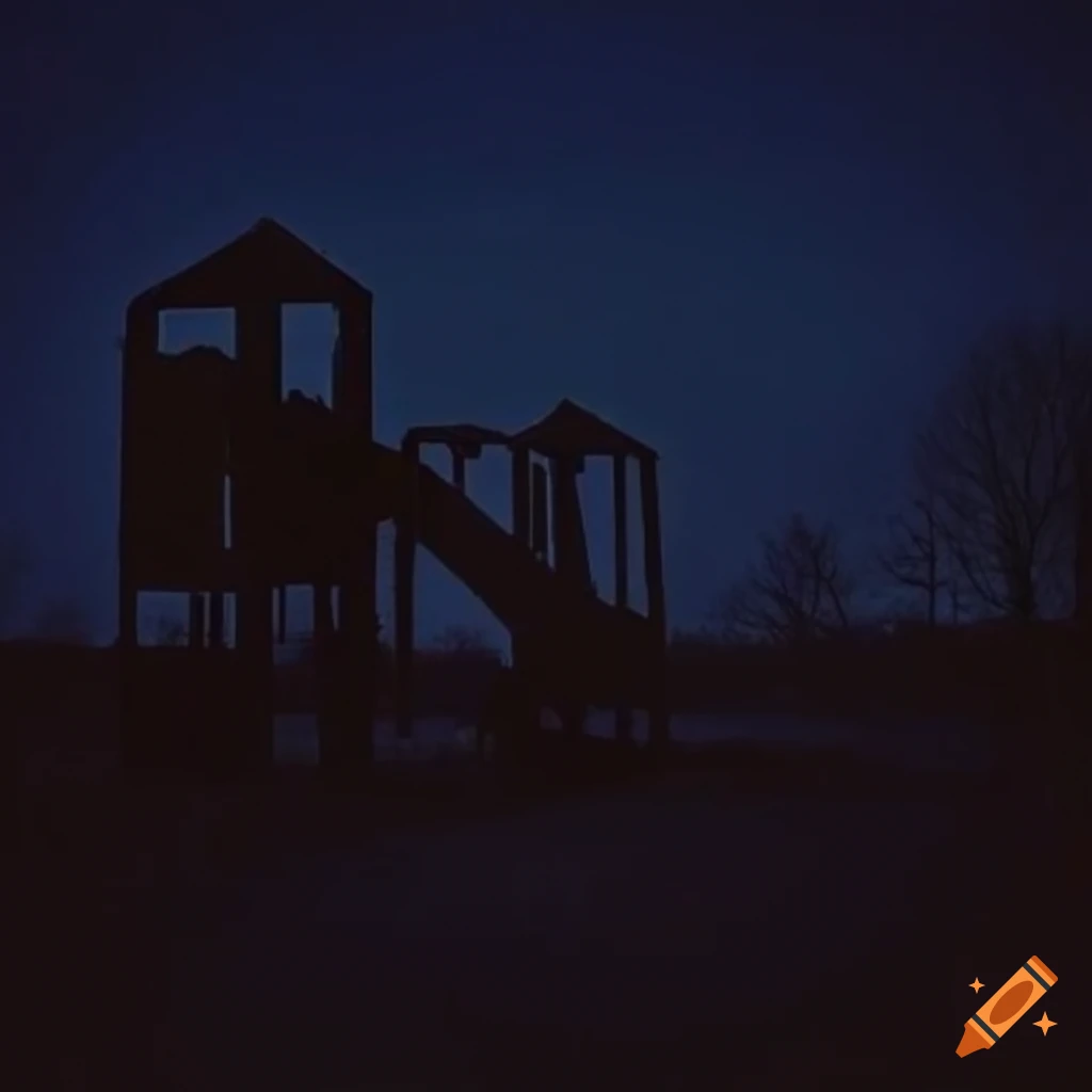 Eerie empty kids playground with flying shapes in a dreamy natural light setting