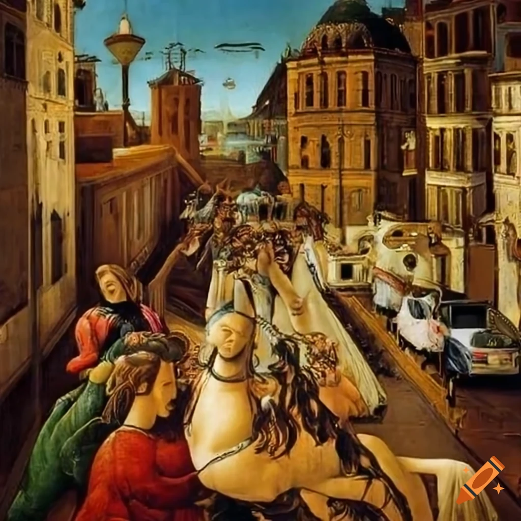 Traffic jam artistic depiction inspired by Botticelli