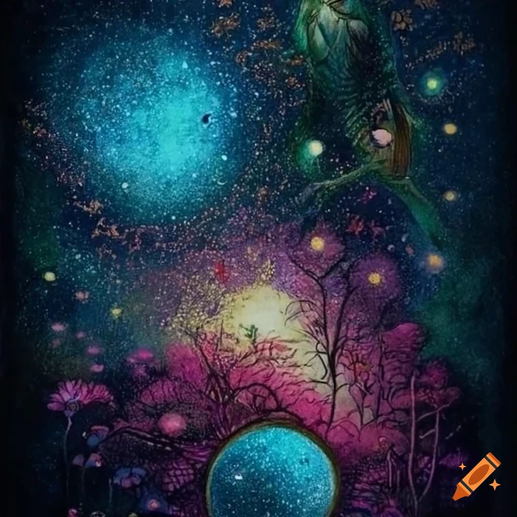Tribal ancient art landscape cosmos milky way animals in colored pencil style