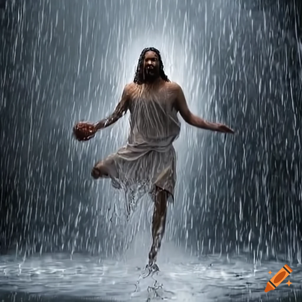 Jesus playing basketball in the rain