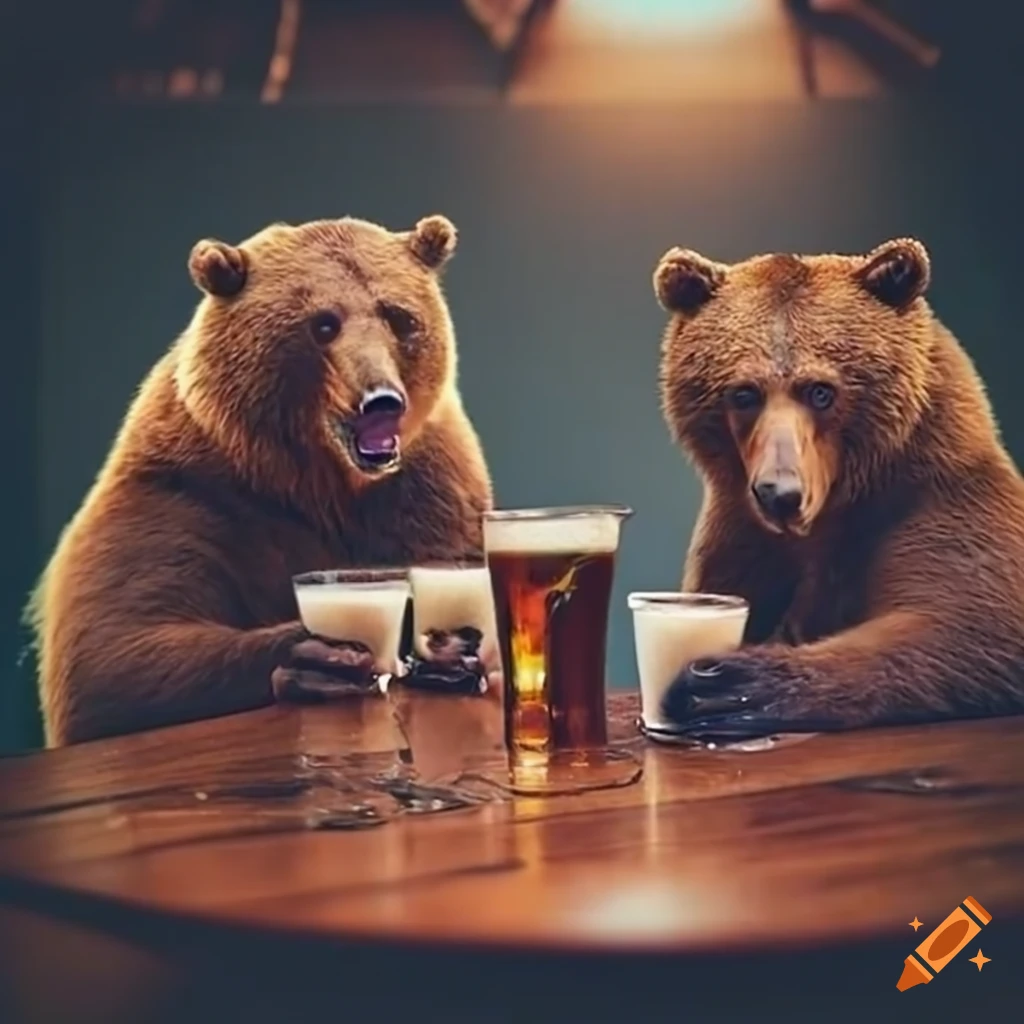 Bears enjoying drinks at a pub