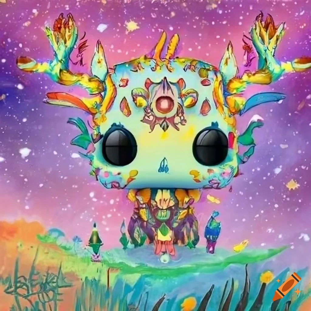 Funko Pop world in colored pencil style with a tribal ancient art landscape and cosmos theme