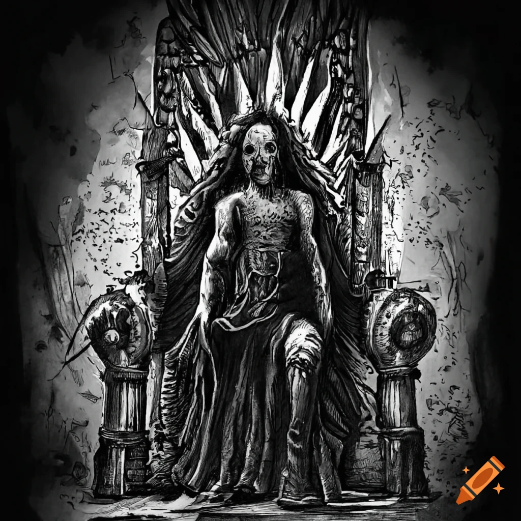 Black and white ink drawing of a zombie on a throne