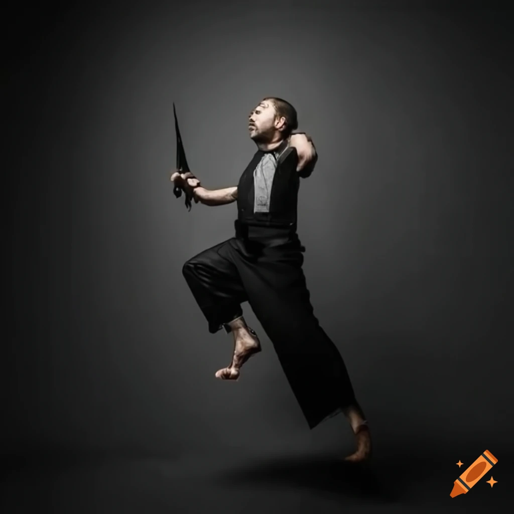 Man balancing on one foot with a knife in hand