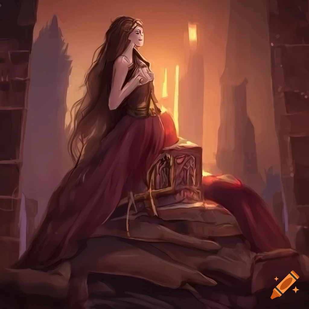 Long haired princess trapped in a high tower in a fantasy art style