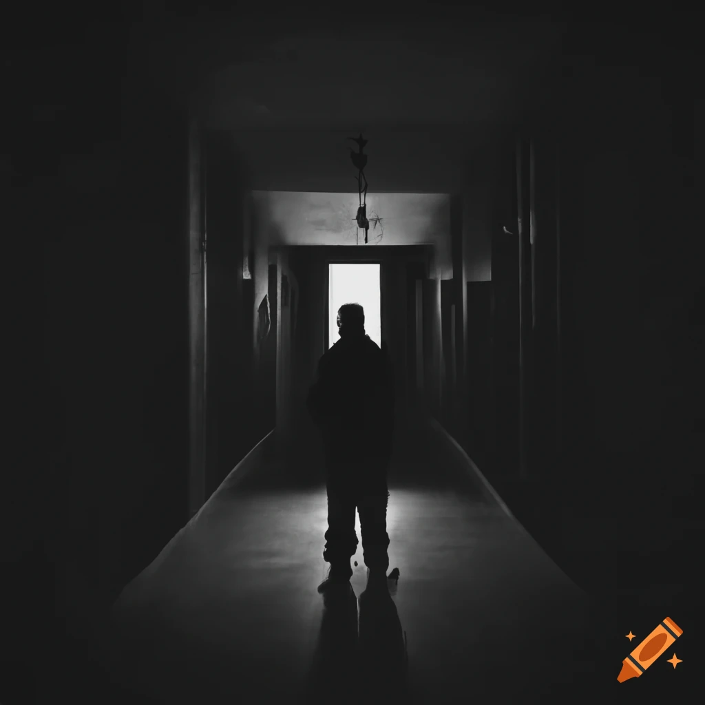 Silhouette in dimly lit corridor of mental institution symbolizing sanity and madness